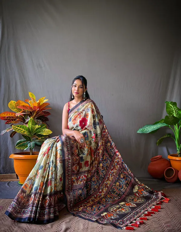 Green_Soft_Cotton_Kalamkari_Print_Saree_With_Blouse_Piece_Attached